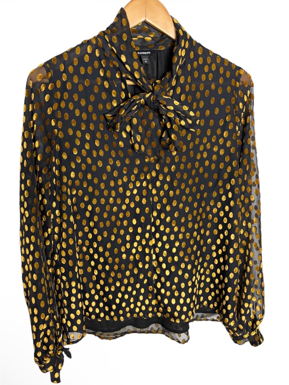 Express black with velvet gold polka dot tie neck blouse size S